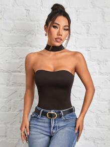 SHEIN PETITE Women's Halterneck Reversible Black Bodysuit