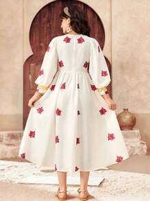 SHEIN Teen Girls Eid Al-Adha Founding Day Ramadan Holiday Dress With Tulle Dress, Viscose Rose & Golden Sequin Trim