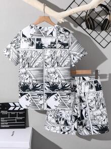 SHEIN Leap Crew 2pcs Tween Boys Casual Short Sleeve T-Shirt And Shorts Set, Street Punk Rock Preppy Style For Daily Wear, Party, Music Festival, Suitable For Sports, Spring/Summer Season, Cartoon Print - Black - View 3