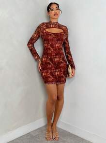 SHEIN PETITE Women's Printed Short Chest Hollowed Out Party Dress Fall Cloth For Women - Multicolor - View 6