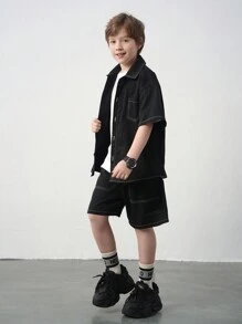 SHEIN Tween Boy Casual Korean Style Oversized Short Sleeve Shacket And Shorts 2pcs Set, Suitable For Commuting, School, Daily, Sports, Spring & Summer