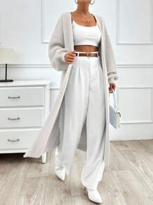 EURMUSE 1 件女士纯色灯笼袖长款开衫，适合秋冬季 - 米色 - 查看 6