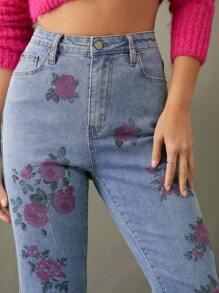 WESTFADE 高腰牛仔乡村花卉印花修身喇叭裤牛仔裤春假音乐节