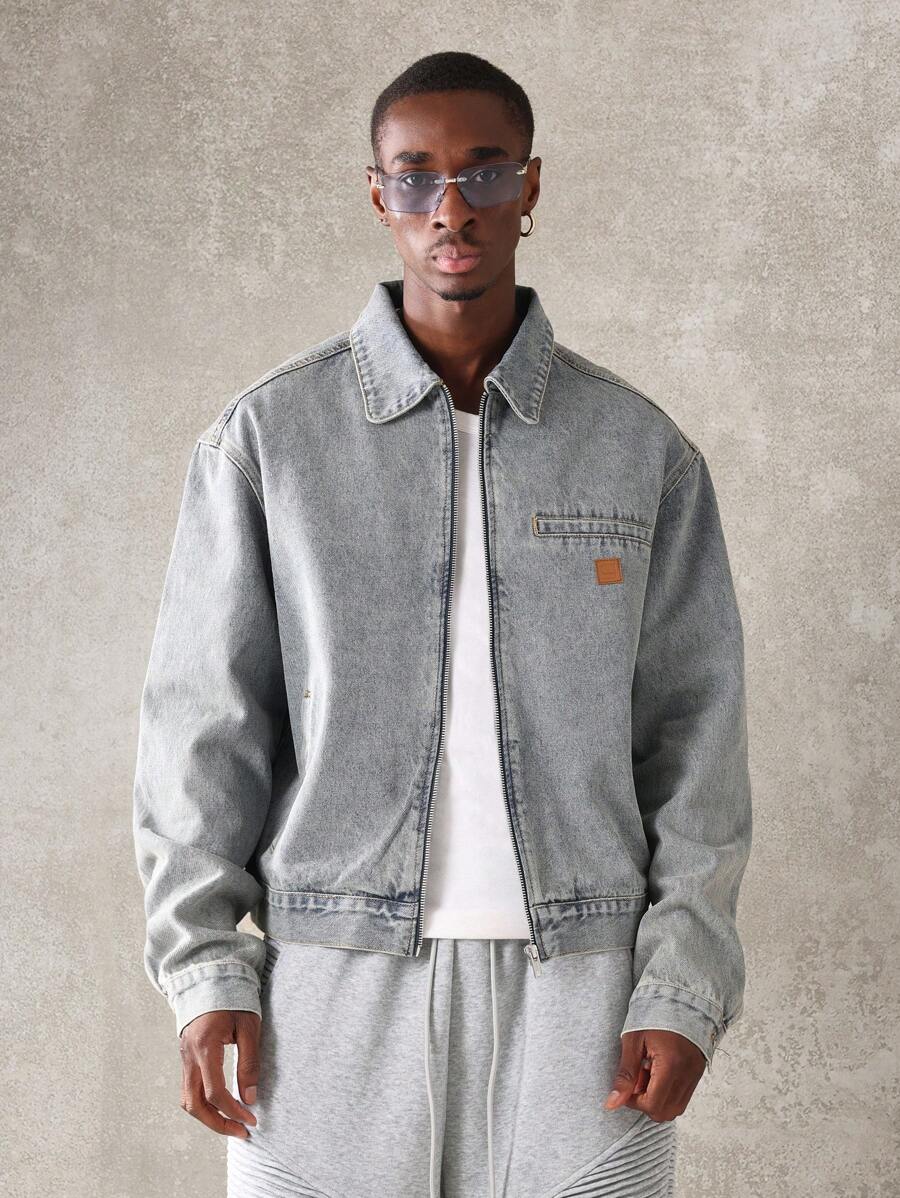 SUMWON Classic Cropped Zip-Front Harrington Denim Jacket Streetwear ...