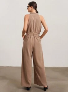 SHEIN Unity Women's Solid Color Lapel Collar Utility Pocket Wide Leg Sleeveless Casual Jumpsuit