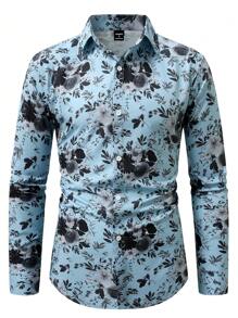 Manfinity Homme Men's Long Sleeve Floral Allover Print Front Button Up Casual Shirt