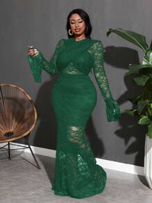 Slaydiva Women Solid Color Lace Elegant See-Through Dress - Green - View 4