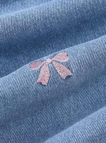 SHEIN Tween Girls Sweet & Cute Collegiate Style Pink Bow Embroidered Loose Comfortable Casual Wide Leg Jeans