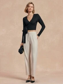 Chiquease Women Plain Color Long Sleeve Lace-Up Casual Blouse, Everyday Wear