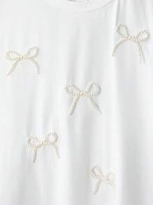 SHEIN Leap Crew 少女白色纯色针织珍珠蝴蝶结圆领短袖 T 恤 - 白色 - 查看 5