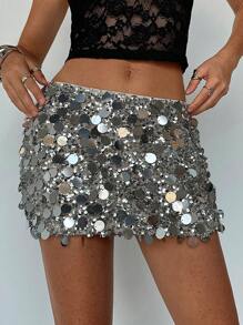 Aloruh Women's Carnival Sexy Low Waist Sequin Mini Skirt Women Club & Party Silver Skirts Women Music Festival Outfits Club Outfits Women Sexy - Silver - View 3