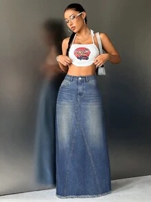 SHEIN ICON Chân váy denim, giản dị và thời trang cho trang phục hàng ngày - Rửa tối - Xem 5