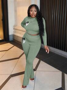 Slaydiva 2pcs Women Casual Basic Elegant Heart Print Long Sleeve Ruffle Blouse And Pants Set