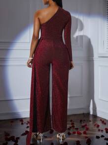 Slaydiva 圣诞节和情人节新款华丽优雅宴会单间不对称腰部直筒亮丝墨绿色秋冬超长裤女连体裤 - 中紫紅色 - 查看 2