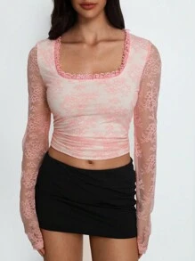 SHEIN Unity 女士蕾丝边修身长袖 T 恤，粉色，秋冬 - 粉色 - 查看 3