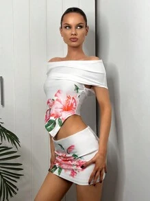 EgrlEra Set da donna con minigonna aderente a bruslla stampa floreale asimmetrica, sexy per feste quotidiane - Bianco - Visualizzare 5