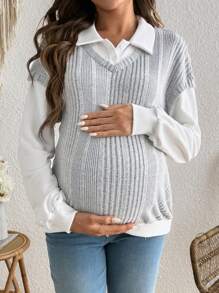 SHEIN Maternity Patchwork Ribbed Collar Sweatshirt