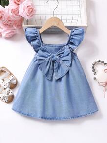 SHEIN Đầm denim xanh dễ thương thắt nơ lớn cho bé gái, trang phục mặc nhà mùa xuân và mùa hè cho bé gái, trang phục đi biển cho bé gái, trang phục đường phố phương Tây cho bé gái - Rửa nhẹ - Xem 1