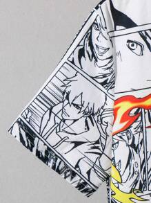 SHEIN Leap Crew 2pcs Tween Boys Casual Short Sleeve T-Shirt And Shorts Set, Street Punk Rock Preppy Style For Daily Wear, Party, Music Festival, Suitable For Sports, Spring/Summer Season, Cartoon Print - Black - View 5