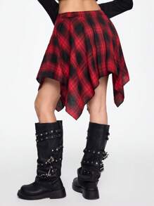 ROMWE Grunge Punk Grunge Vintage Distressed Plaid Lace-Up Asymmetrical Layered Mini Skirt