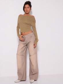 MUSERA 宽松肩部纹理长袖上衣，适合派对、生日等秋季场合。 - 卡其色 - 查看 4