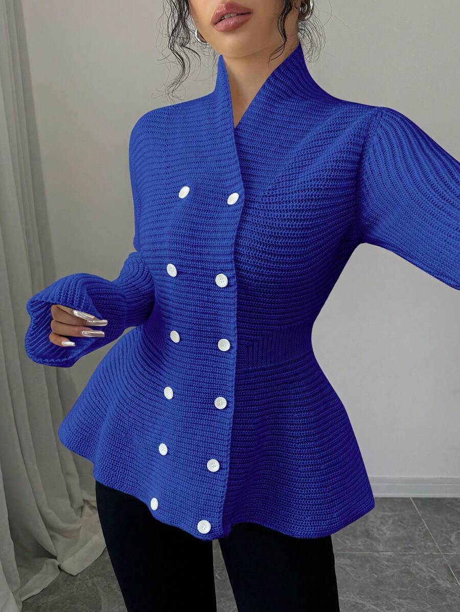 Elenzga 优雅收腰双排扣罗纹荷叶边开衫