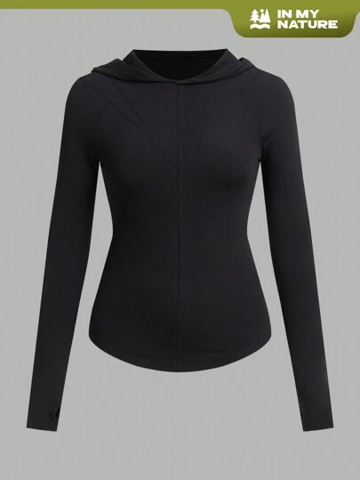 SHEIN Sports 女士纯色拉链连帽户外长袖运动衫