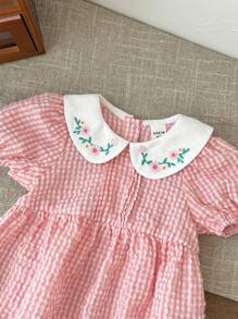 SHEIN LMoss Kids Newborn Baby Girl Cute Plaid Embroidered Ruffle Collar Romper, Summer