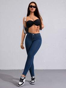 Flexra 女士时尚休闲斜口袋紧身牛仔裤 - 深色水洗藍 - 查看 6