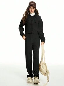 2pcs/Set Teenager Girls' Front Button Long Sleeve Pocket Casual Top And Pants