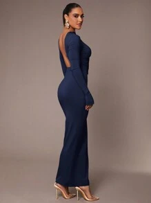 Silquee Women's Basic Underlay Charcoal Gray Sexy Deep Back Ruched Waist Tight Skin-Friendly Long Sleeve Floor-Length Dress - Navy Blue - View 7