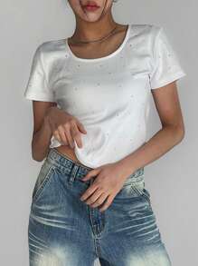 DAZY 1pc Women Rhinestone Decor Round Neck Fitted Short Sleeve White T-Shirt, Spring/Summer