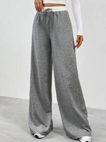 SHEIN Tall Women's Contrast Color Waist Wide Leg Pants - Dark Grey - View 8