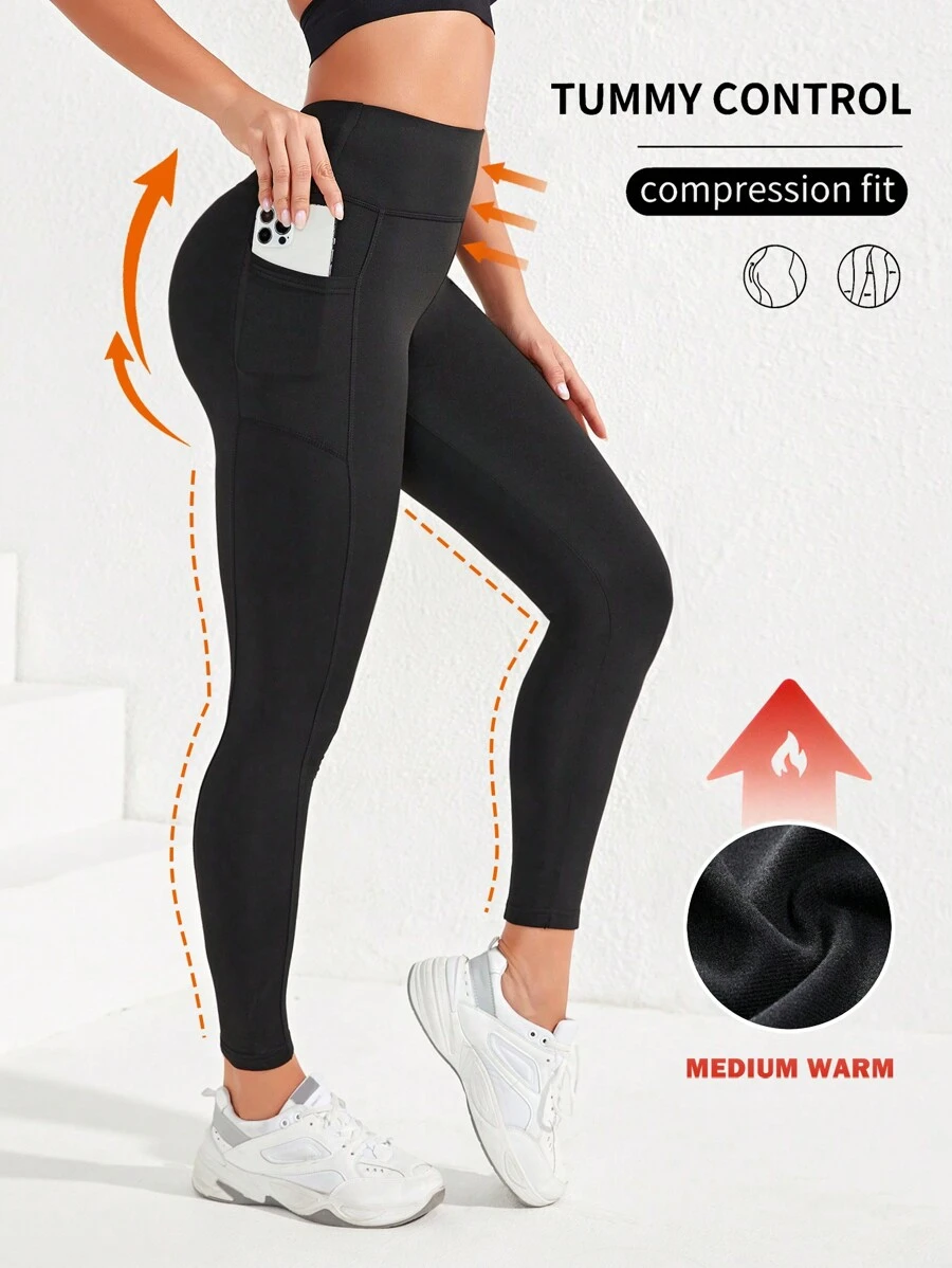 Slayform Quần legging cạp cao có túi đựng điện thoại dành cho nữ - Quần tập yoga nâng mông lót nhiệt siêu mềm dùng cho tập luyện thể thao, chạy bộ, đạp xe, tập yoga, bóng chày, tập thể dục thường ngày - màu đen - Xem 1