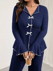 Calvaya Plus Size Soft Velvet Ribbed Fabric V-Neck Ruffled Collar With Multiple Bow Decor Contrast Trim Flare Sleeve Uneven Hem Pullover & Contrast Rib Straight Pants 2 Pieces Loungewear Set - Navy Blue - View 5