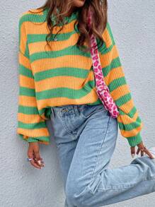 SHEIN PETITE Women's Casual Color Contrast Striped Round Neck Oversized Dropped Shoulder Long Sleeve Knit Sweater, Loose And Versatile For Autumn/Winter