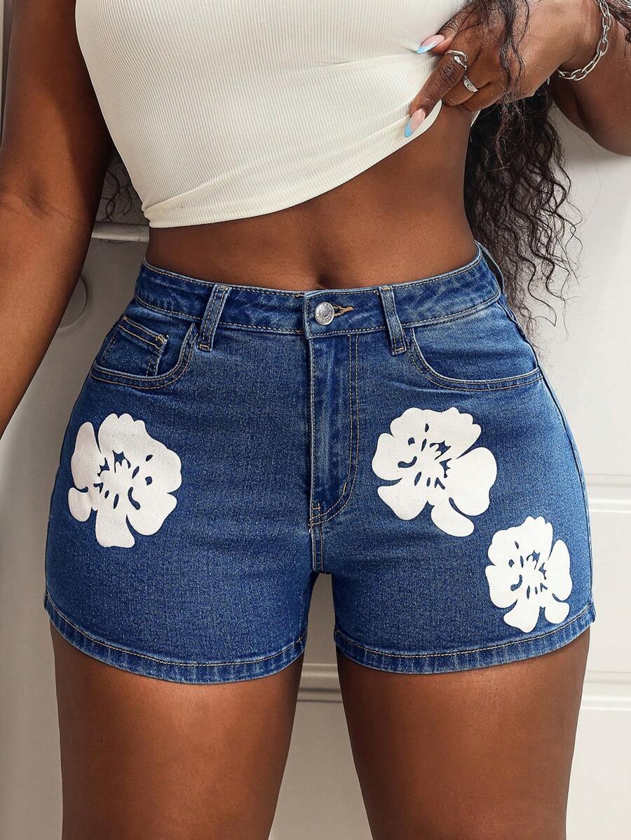 SHEIN Slayr Blue Denim Shorts For Women, Summer New Style Stretchy Petal Flower Print Slim Fit A-Line Shorts - Blue - View 1