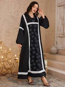 Al Najma 2025 New Style Vintage Floral Print Flared Sleeve Maxi Dress, Turkish Abaya Kaftan Jalabiya Dress - Black - View 6