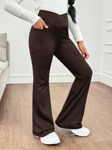 SHEIN Leap Crew Tween Girls' Casual Sports Minimalist Comfortable Crossover Waist Flare Pants - Brown - View 6