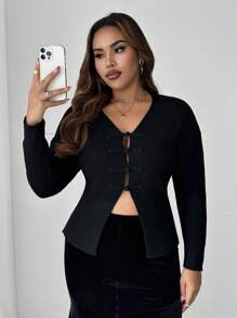 Celure Plus Size Women Solid Color V-Neck Tie Long Sleeve Casual Knitted Cardigan