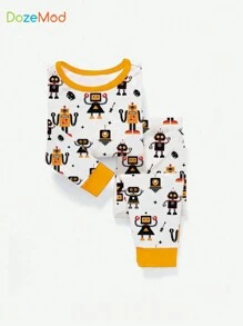 Boys' Casual Cute Robot Print Tight-Fitting Round Neck Long Sleeve Pajama Set, Autumn/Winter