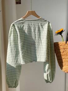 Comfortcana 女式格子长袖前结休闲宽松衬衫 - 綠色 - 查看 2