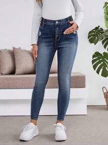 SHEIN Maternity Blue Stretch Distressed Denim Pants - Blue - View 5
