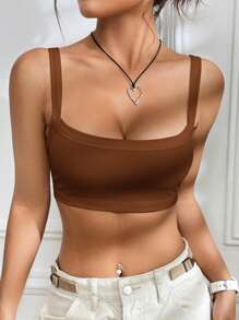 SHEIN EZwear Ribbed Cut Short Crop Top, Casual & Stylish For Daily Wear - Brown - View 5