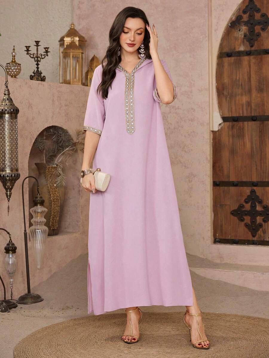 Al Najma Solid Color V-Neck Patchwork Casual Loose Tunic Kaftan Jalabiya Dress - Pink - View 1