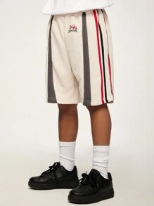 SHEIN Explorewe Tween Boy Casual Loose Shorts, Contrast Black & Red Stripe Patchwork Design, "DONT'EVERE" Graphic Print, Elastic Waist, Suitable For Summer - Multicolor - View 7