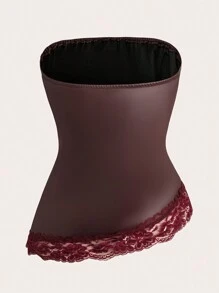 Women's Fashionable Sexy Elegant Lace & Faux Leather Bandeau Top - Burgundy - View 2