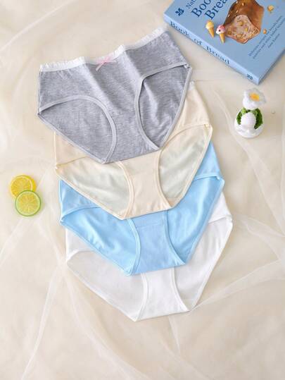 Teen Girls' Bow Decor Solid Color Panties Underwear , 4 Pcs