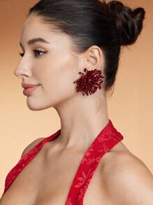 SHEIN SXY 1 par de aretes artesanales únicos y ligeros minimalistas, aretes rojos de moda casual - Burdeos - Ver 2