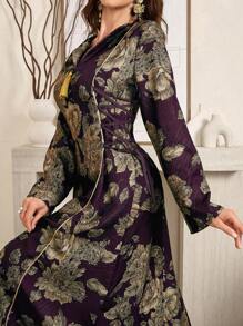 Al Najma 女式花卉印花拼布流苏长袖优雅阿拉伯连衣裙，优雅 A 字形 Jalabiya 阿拉伯连衣裙，适合晚会，端庄 - 酒紅色 - 查看 8